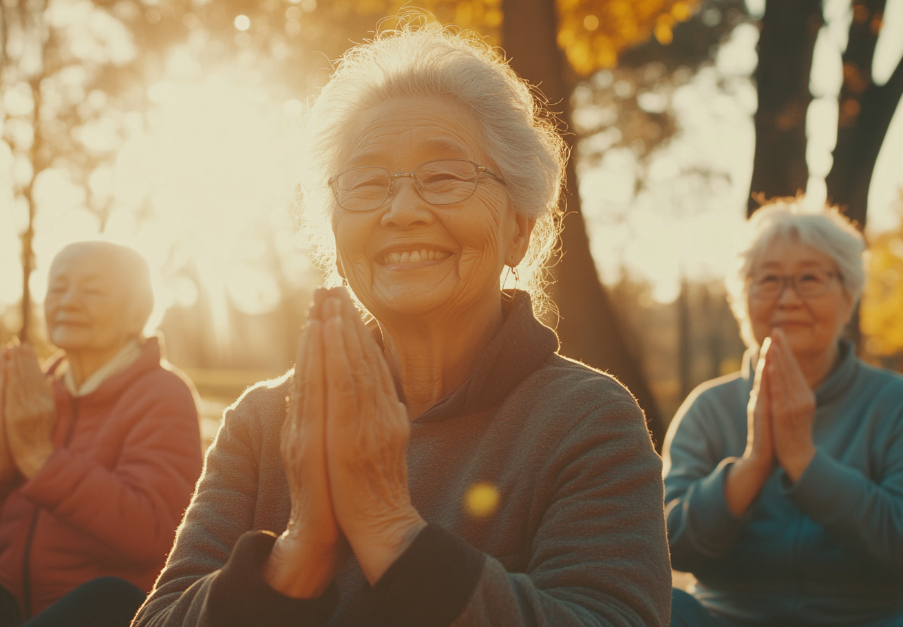 Літня людина практикує йогу на природі